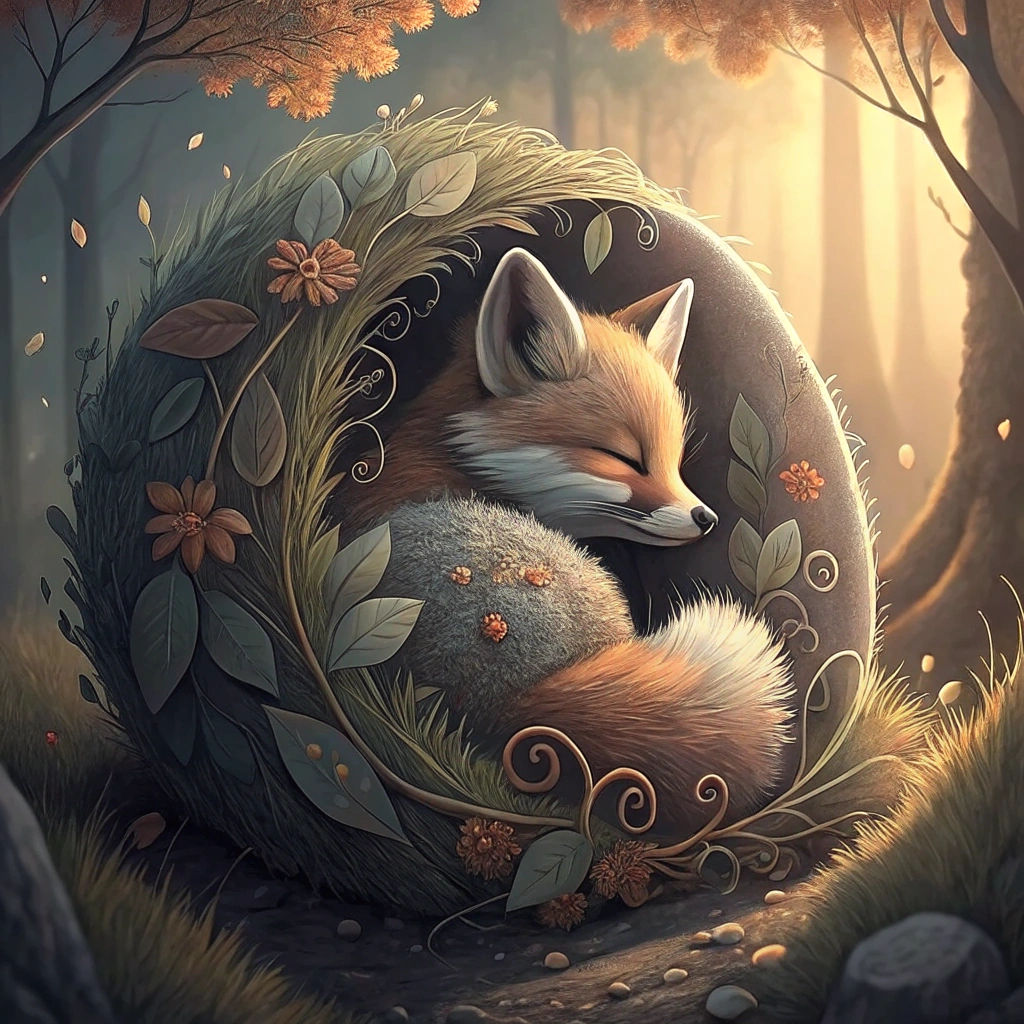 Fox Curled Up in Forest Clearing, Ink Wash Style