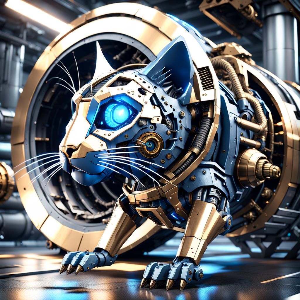Blue Cat Chasing Robot Rodent in Sci-Fi Tunnel