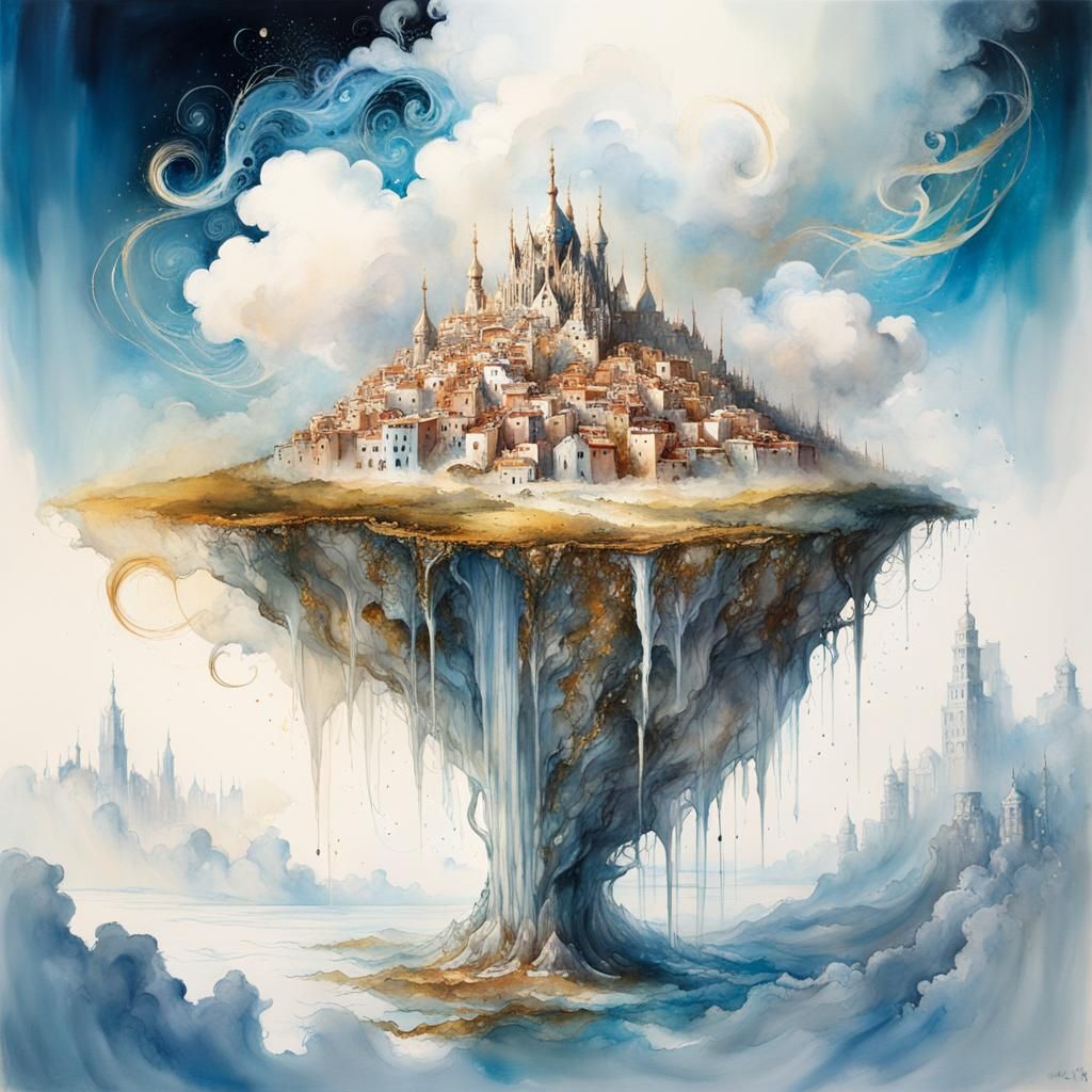 Surreal White Village Escapes Magical Book as Watercolor