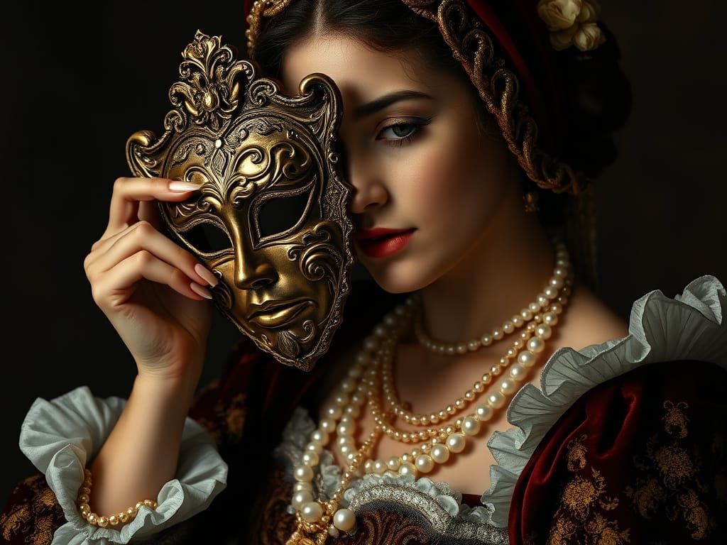 Baroque Woman Removing Mask in Chiaroscuro