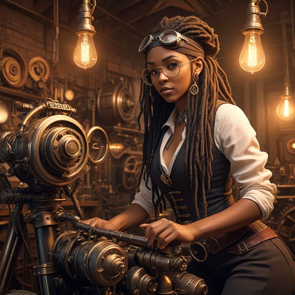 A Steampunk Inventress Assembles a Brass-Bodied Bicycle in a...