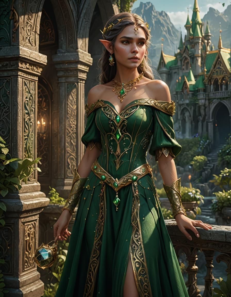 An Elf princess wearing a green off-shoulder dress adorned with jewels and gold seams