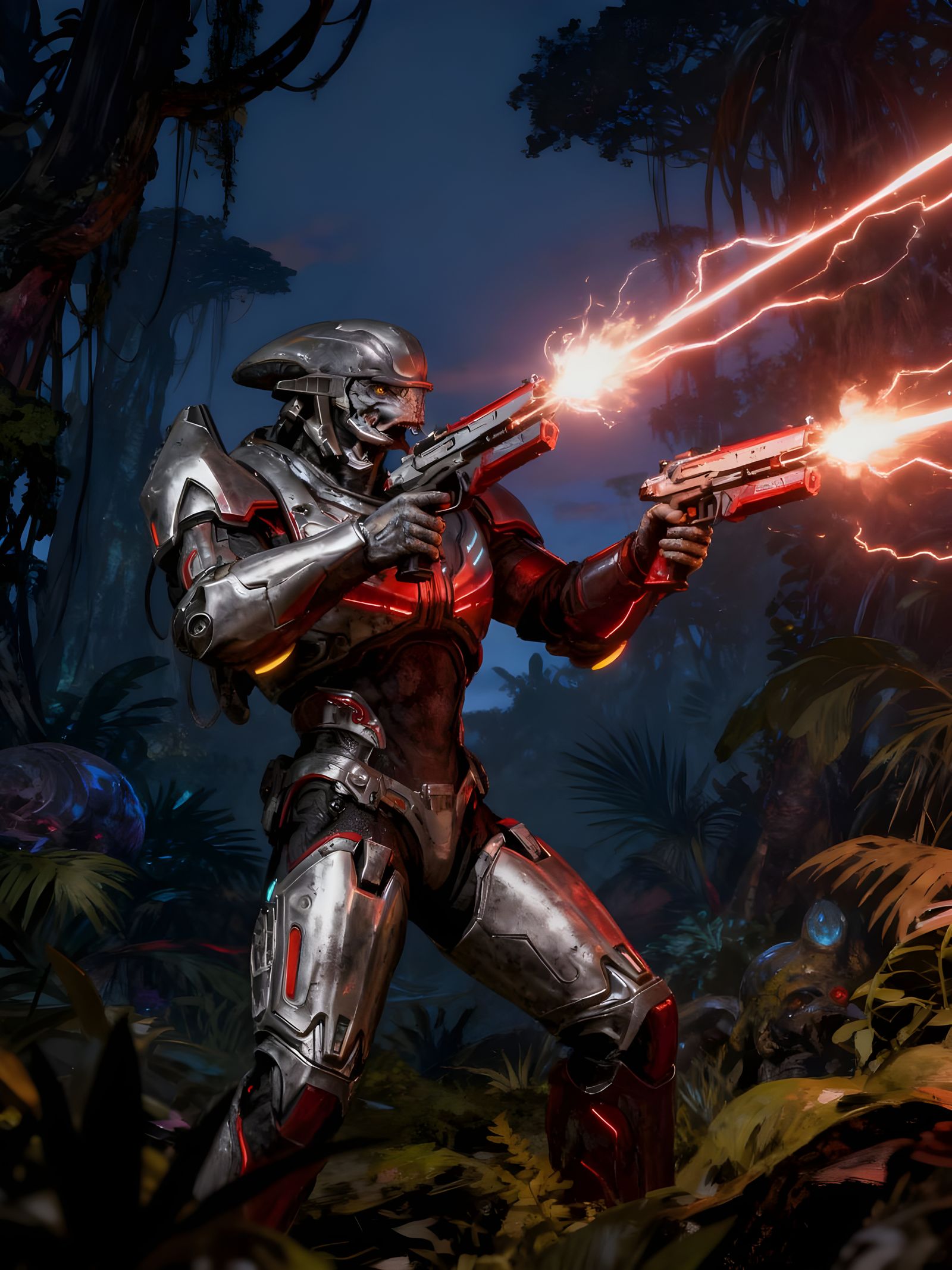Sangheili Elite Warrior in Alien Jungle with Plasma Rifles