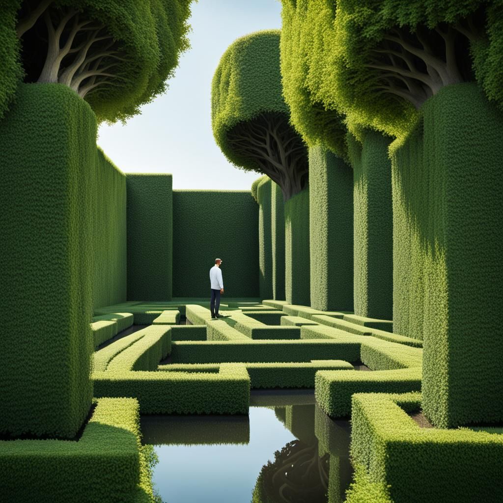 Surreal Mirror Hedge Maze Inspired by Escher