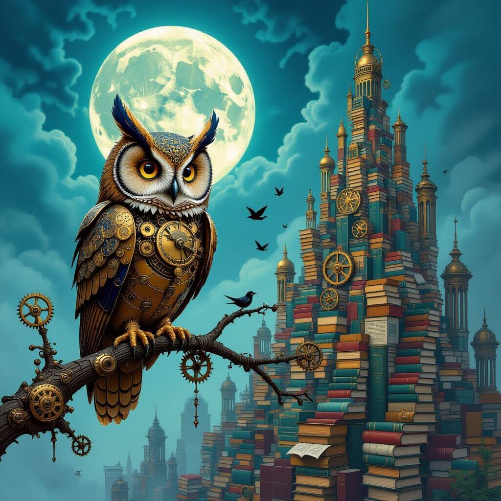 Steampunk Clockwork Owl Over Book City