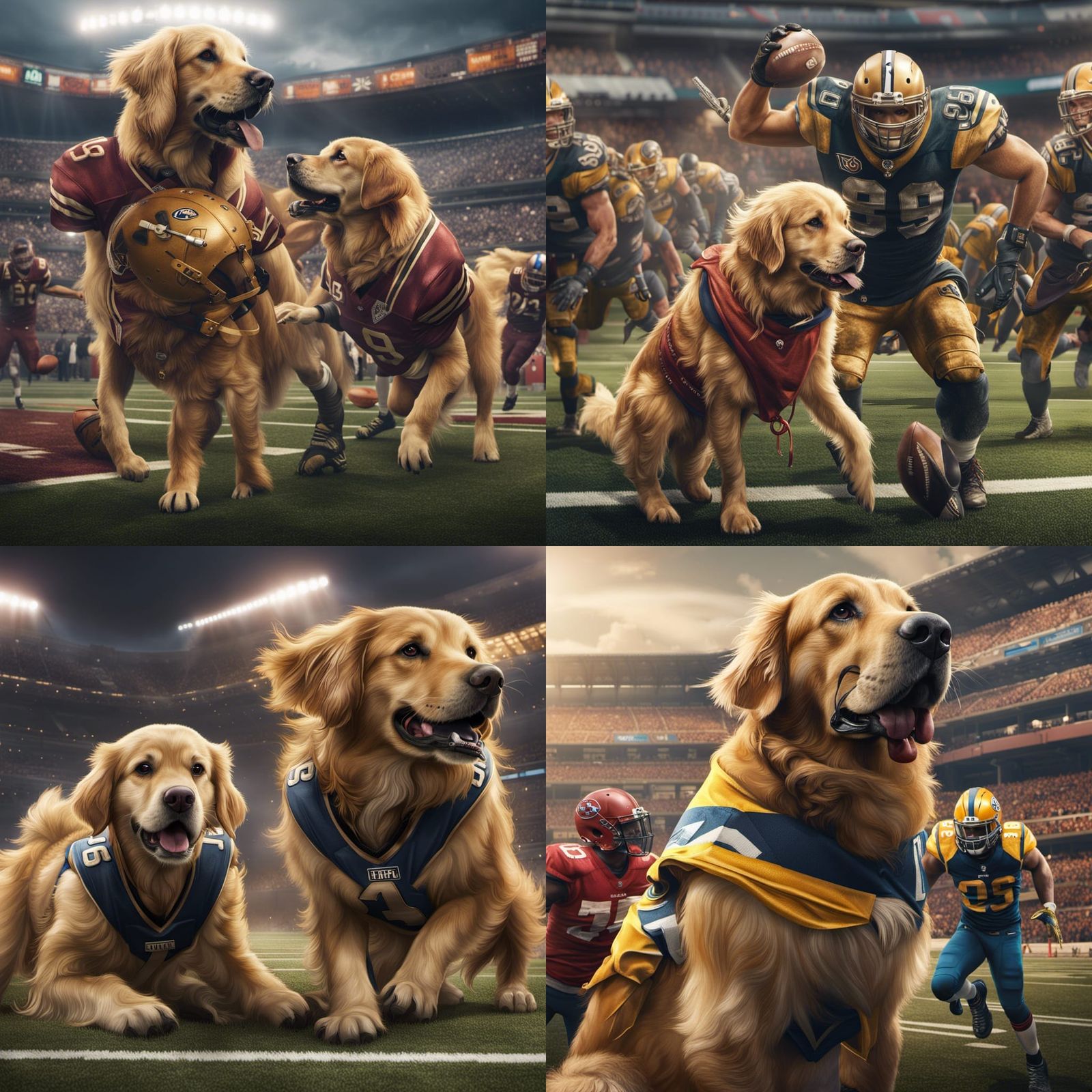 Golden Retrievers Playing NFL Football in Hyperrealism