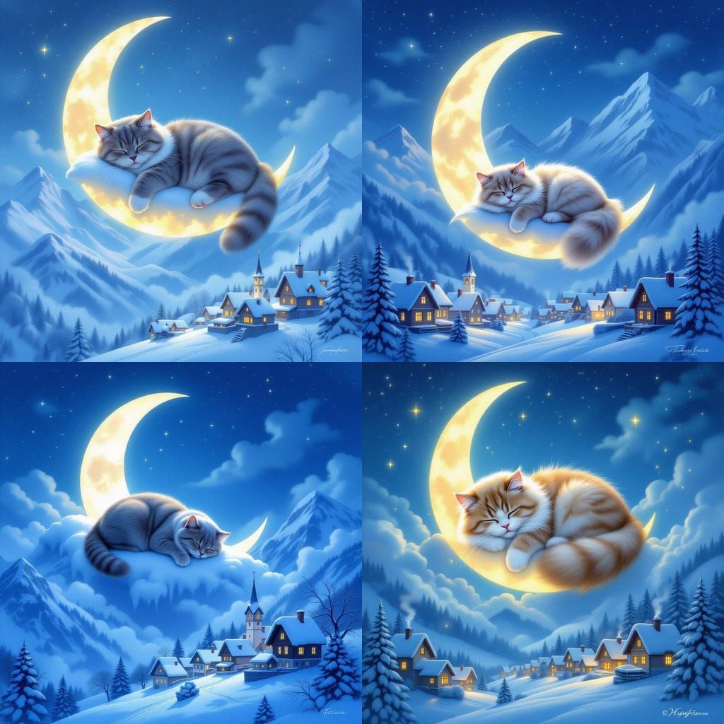 British Shorthair Cat Sleeps on Moon Above Snowy Village