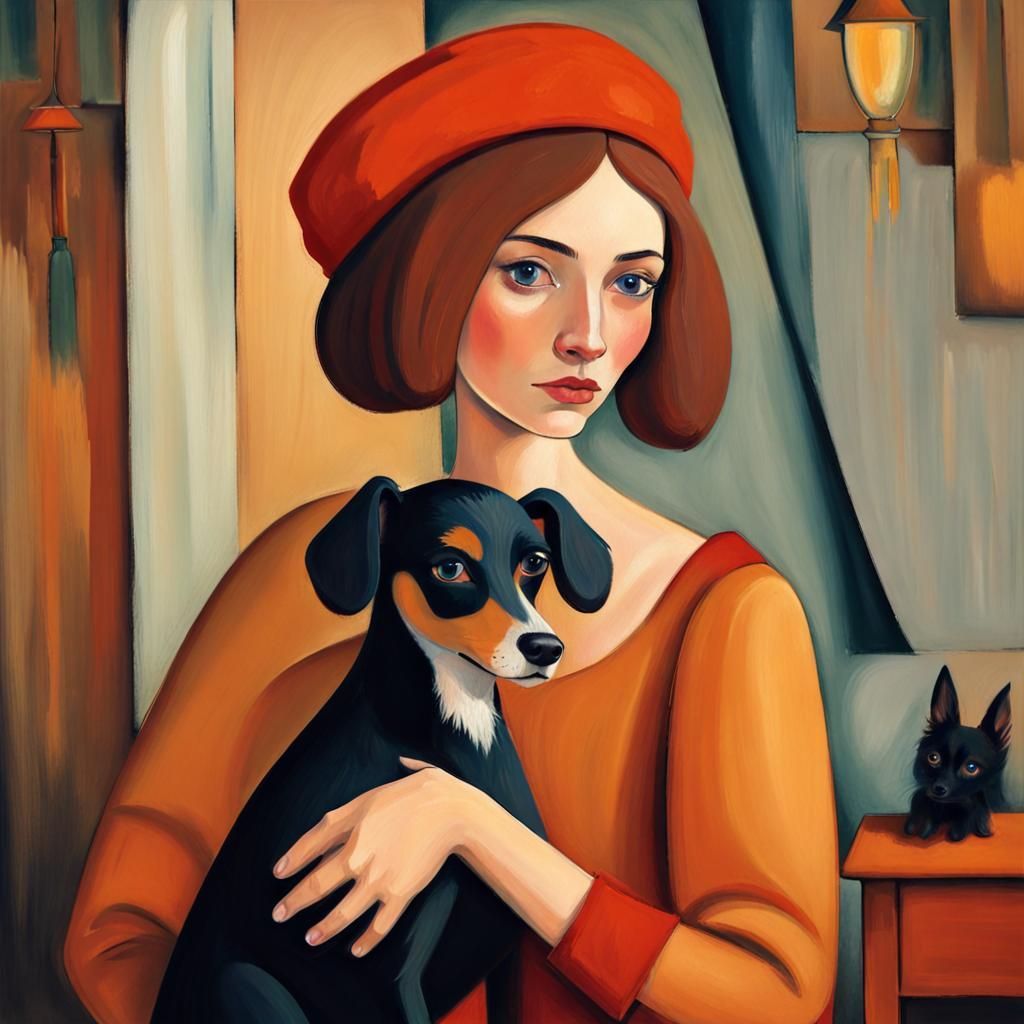 Enchanting Woman with Pet in a Whimsical Art Deco Style