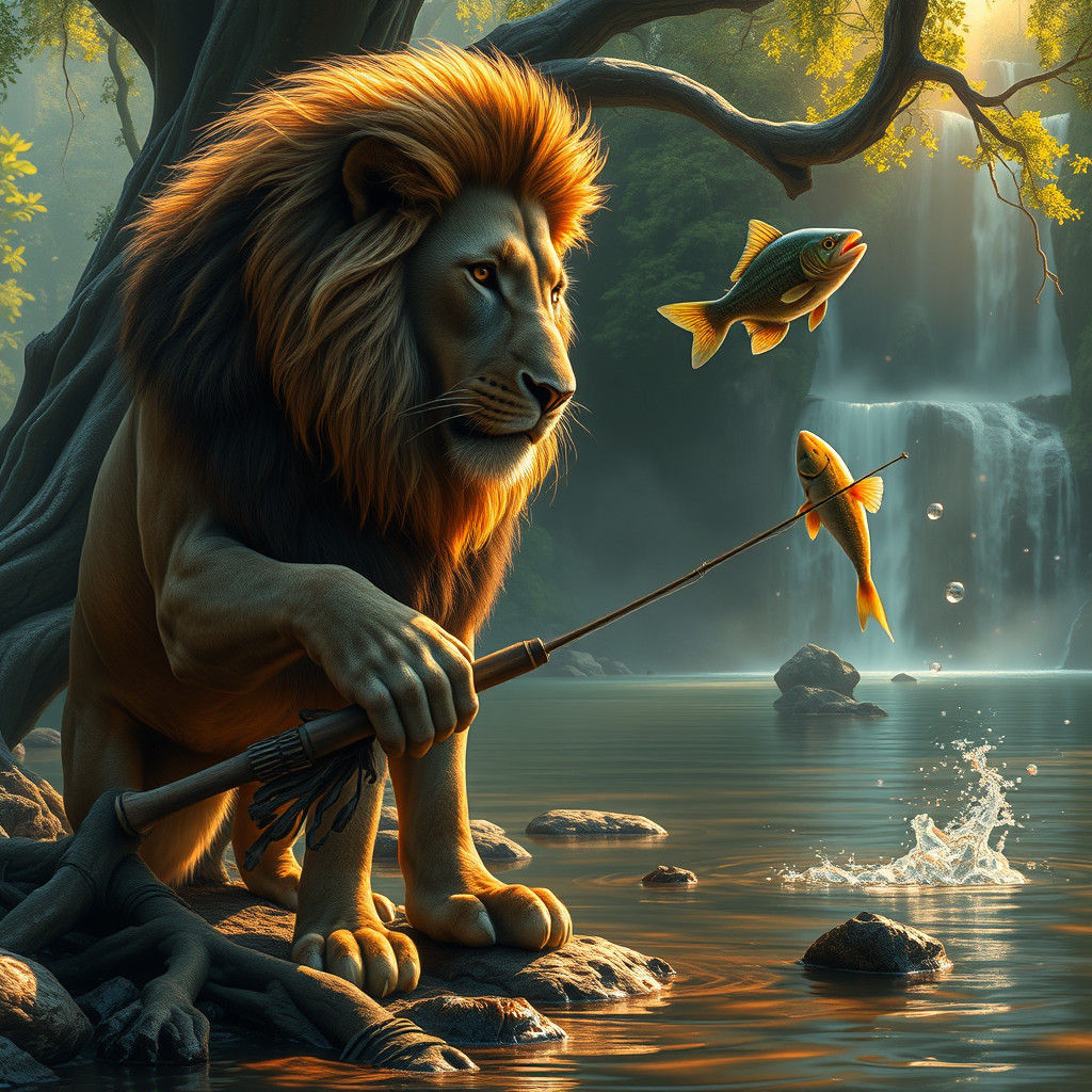 Lion Fishing in Fantasy River, Hyper-Realistic 8k