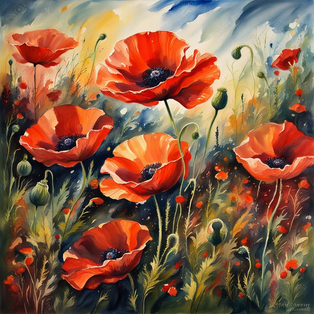 Poppies on Meadow in Fluid Gouache Style