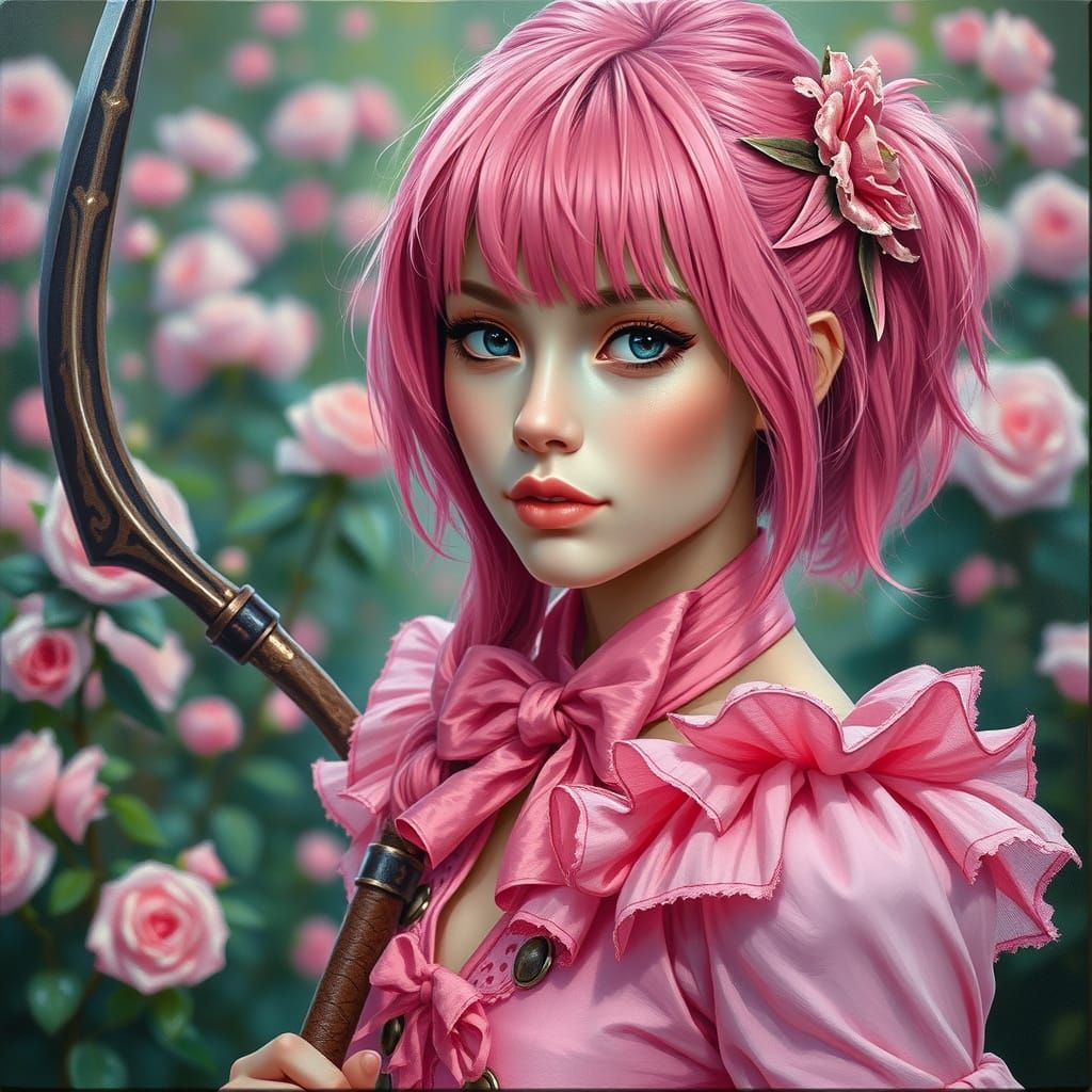 Elegant Young Woman in Visual Kei Attire with Rose Garden Ba...