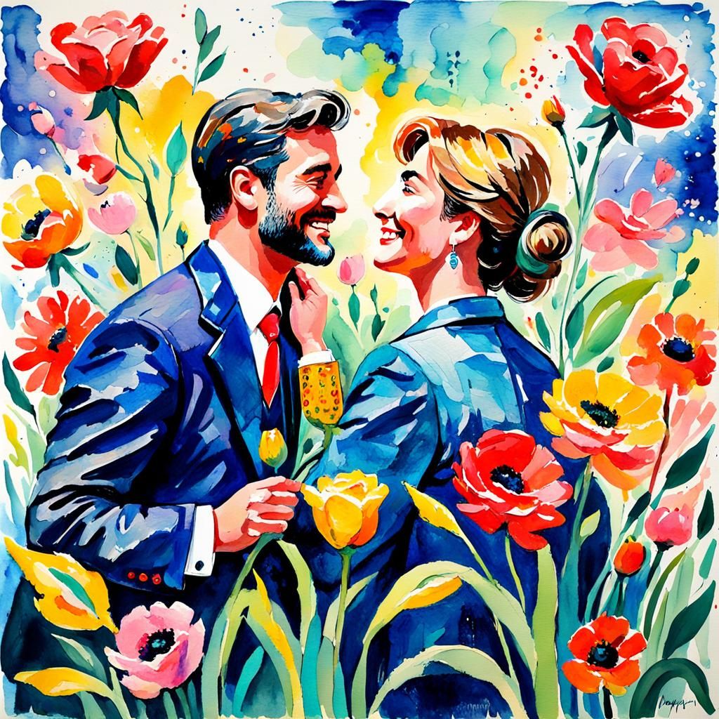 Anniversary Gouache Painting in Impressionist Style