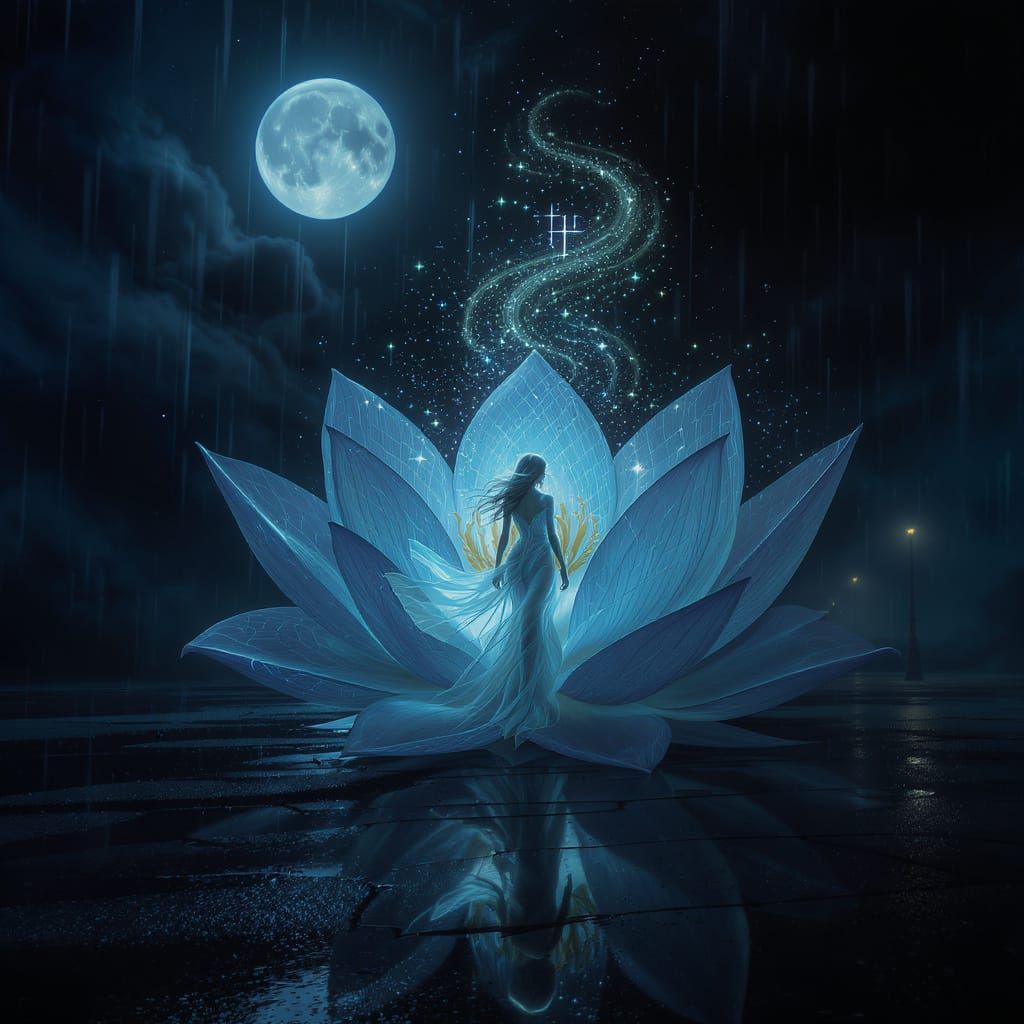 Luminous Water Flower: Woman in Flowing Attire