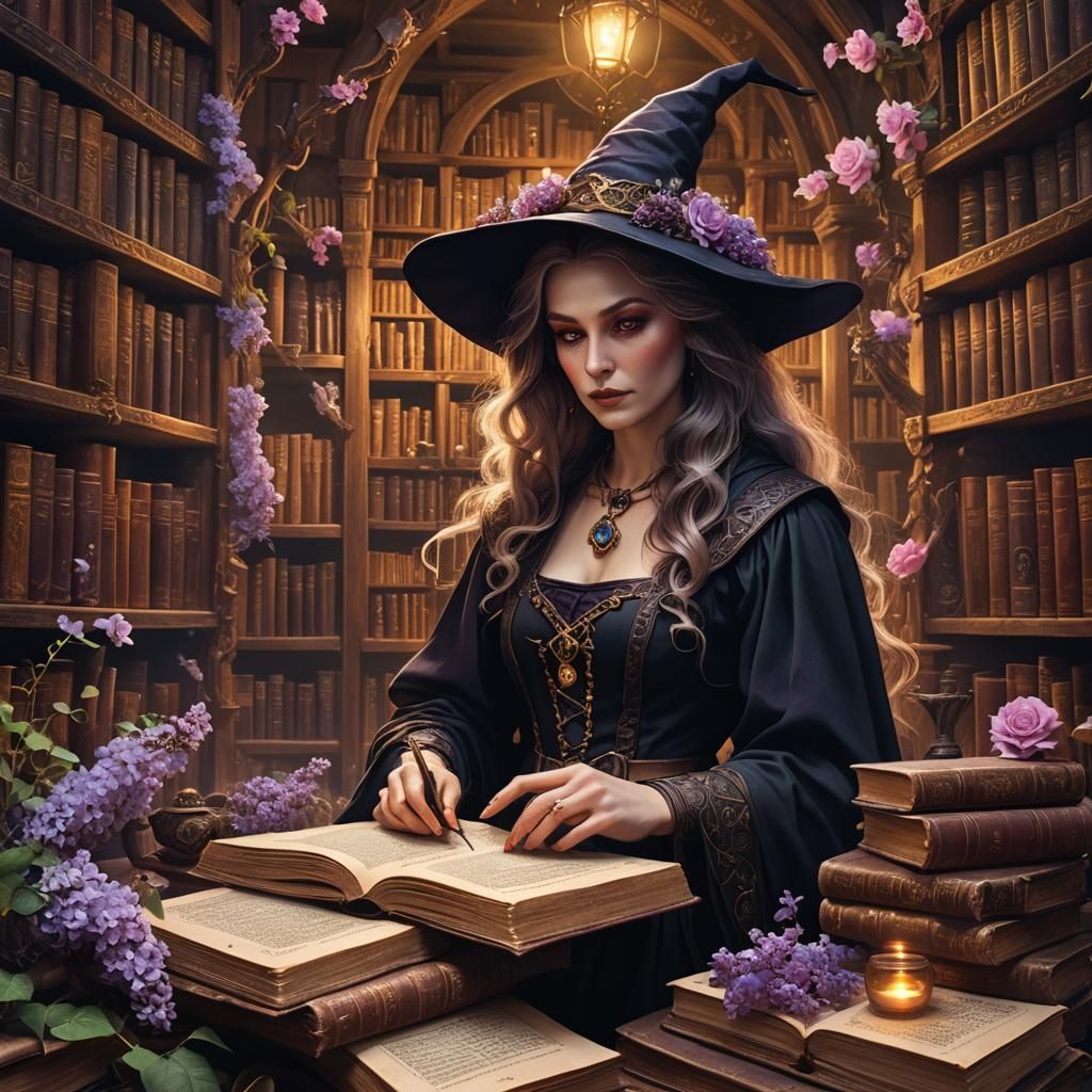 Romantic Witch in Mystical Library, Art Nouveau Style