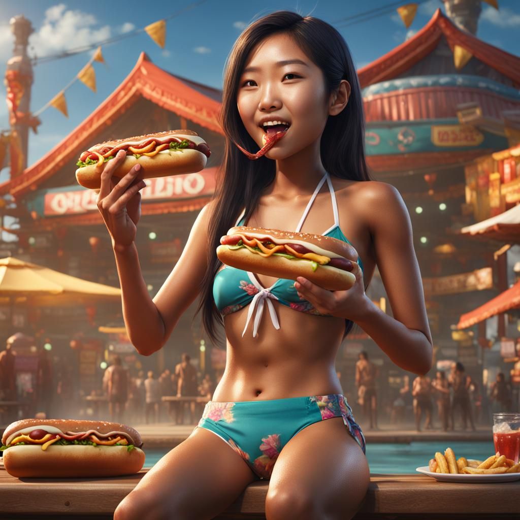 Asian Woman Eating Hotdog: Detailed Fantasy Art