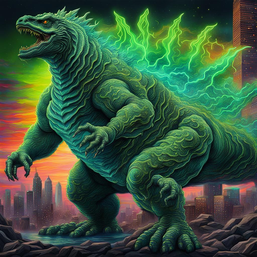 Godzilla with Neon Veins, Holographic Cosmic Illustration