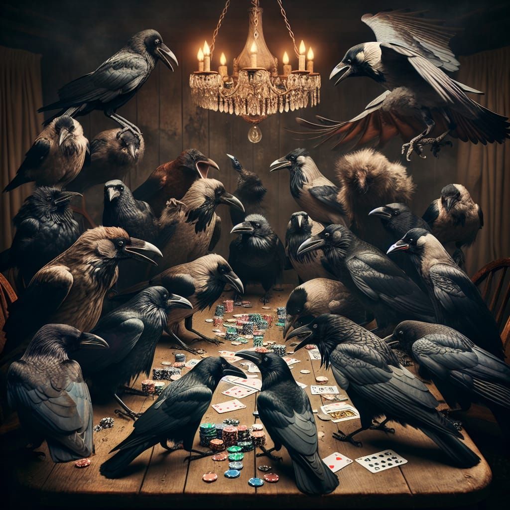 Crows sitting at a table playing poker