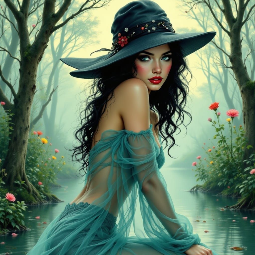 Swamp Witch in Bayou Watercolor Illustration