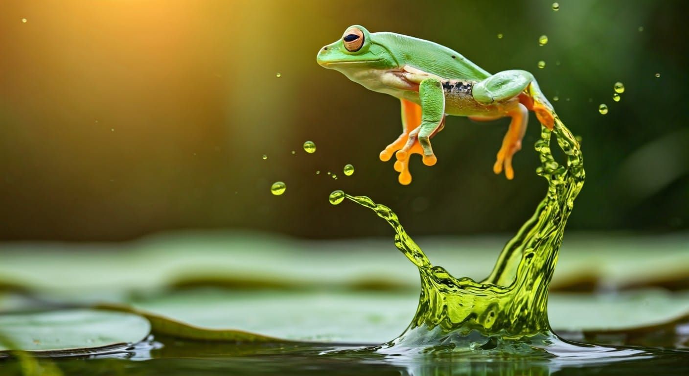 a photo taken of a lime green frog jumping
