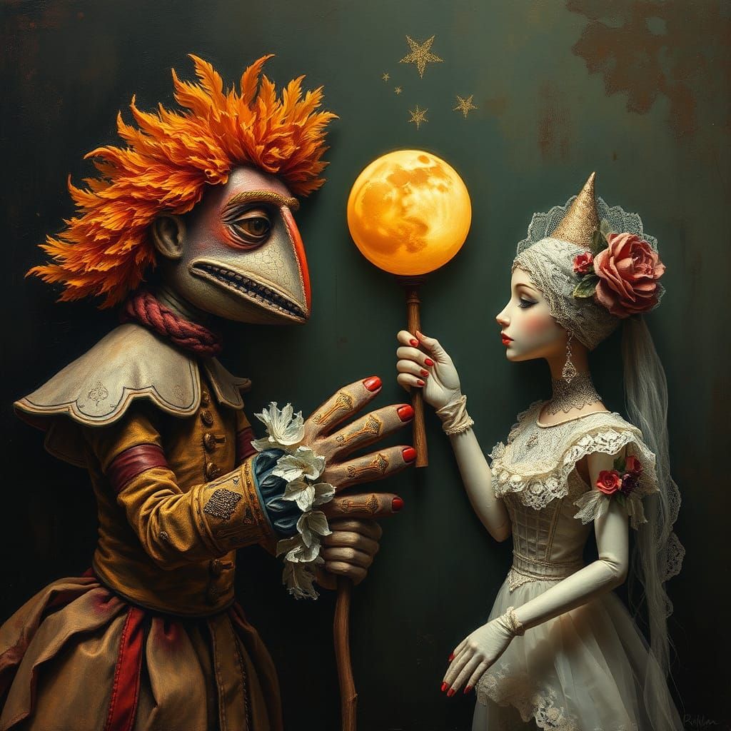 Glove Puppets Presenting Moon in Impasto Style