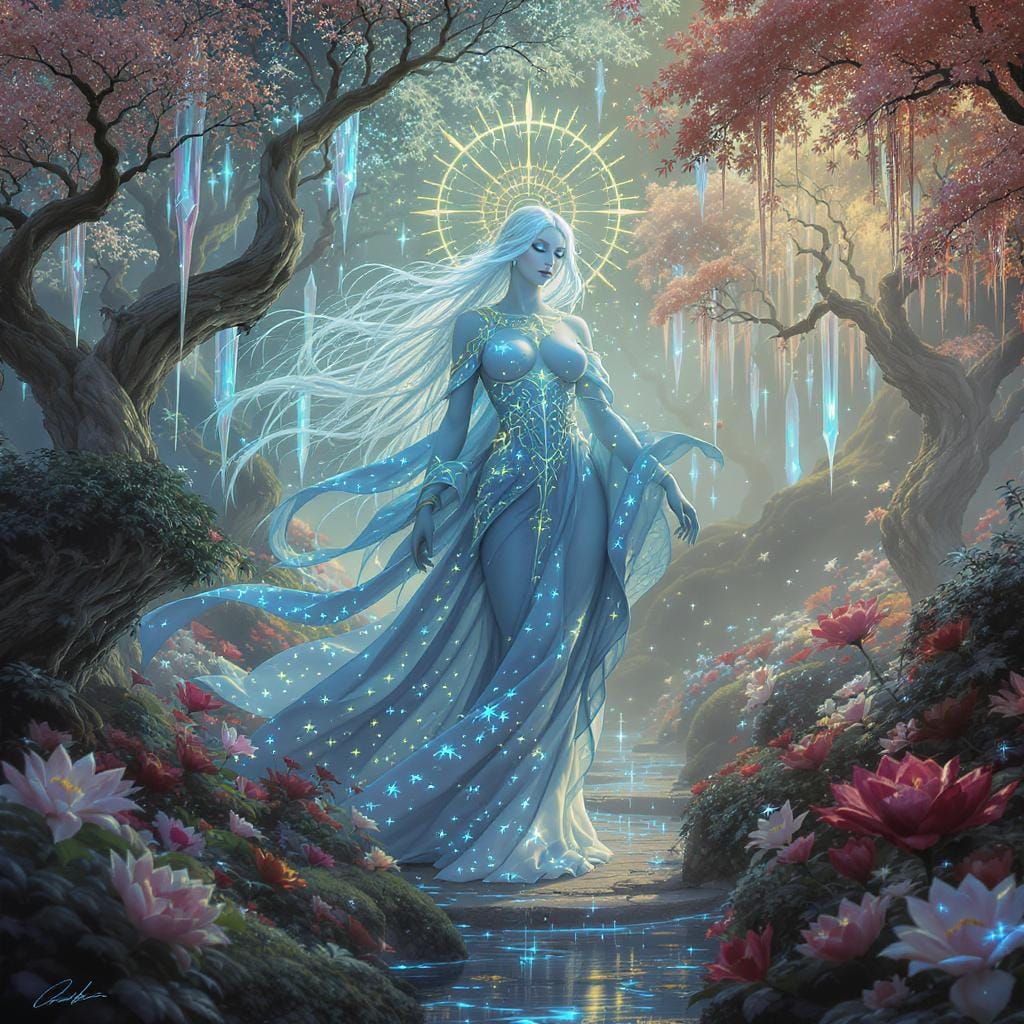 Goddess of Time in Celestial Garden, Digital Art