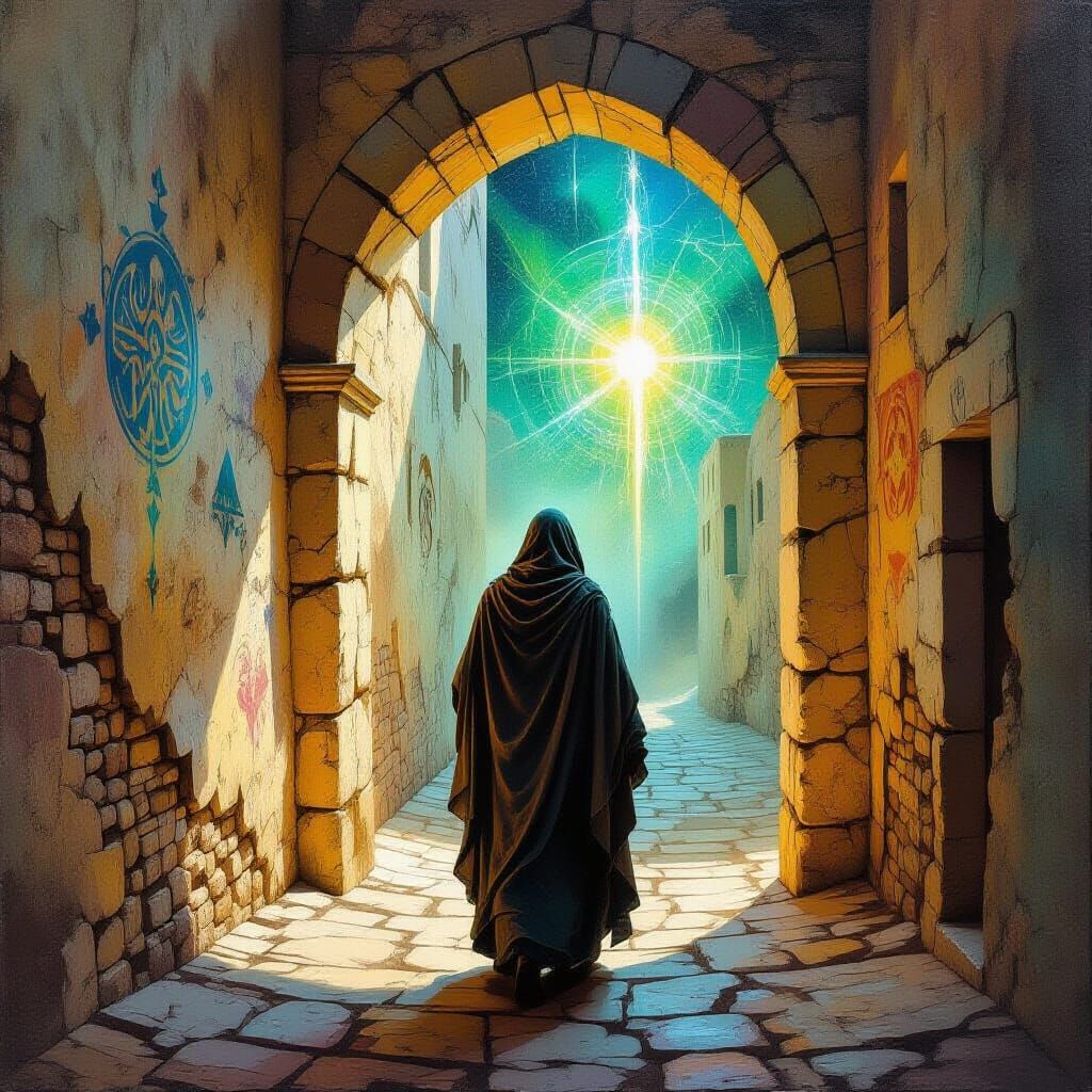 Mystical Alleyway Figure in Expressive Oil Painting Style