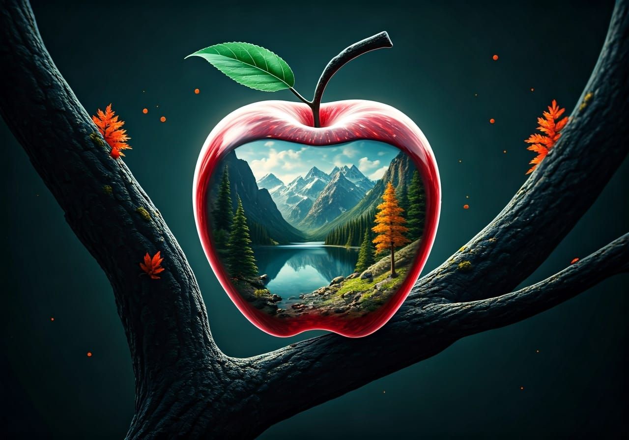 Surreal Apple: Mountain Landscape in 3D