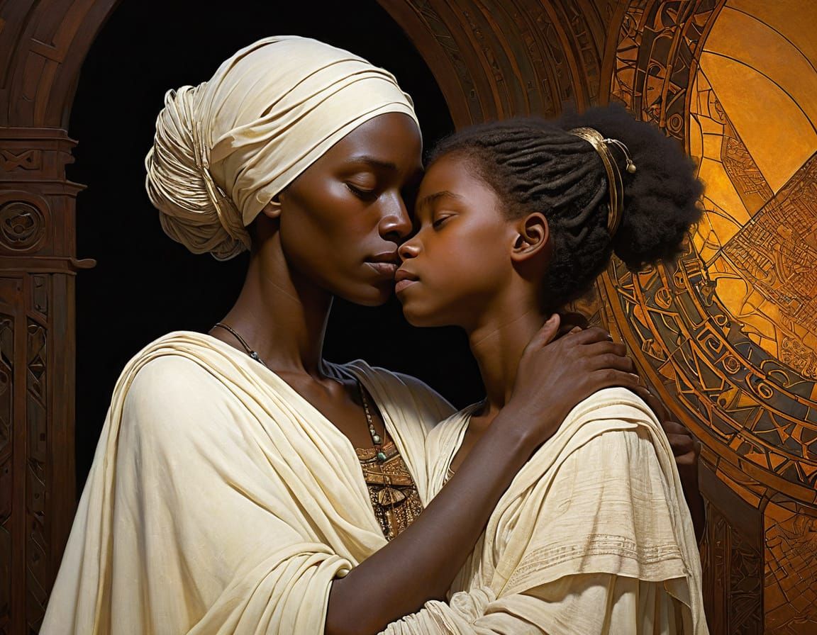 Mother and Child Embracing in Whimsical African Style