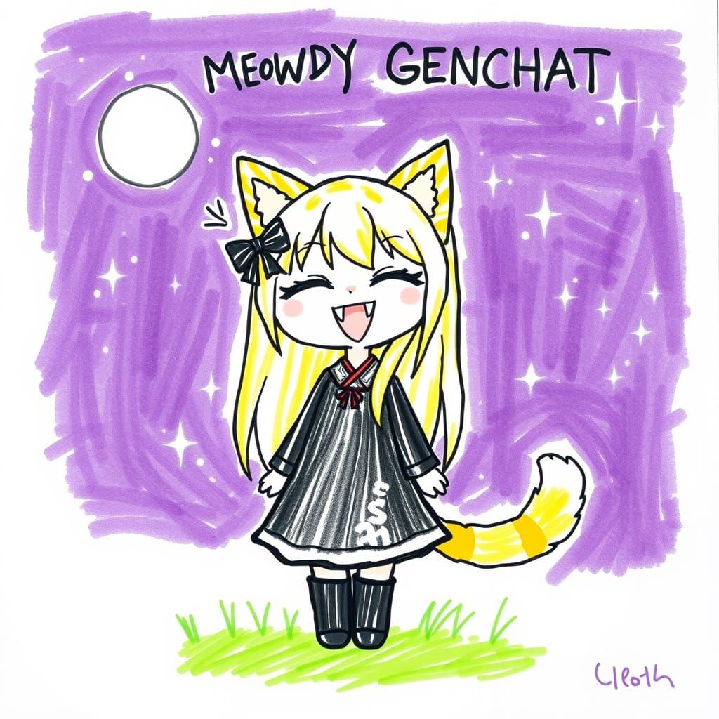 Anime Catgirl Greets Genchat in Childlike Crayon Drawing