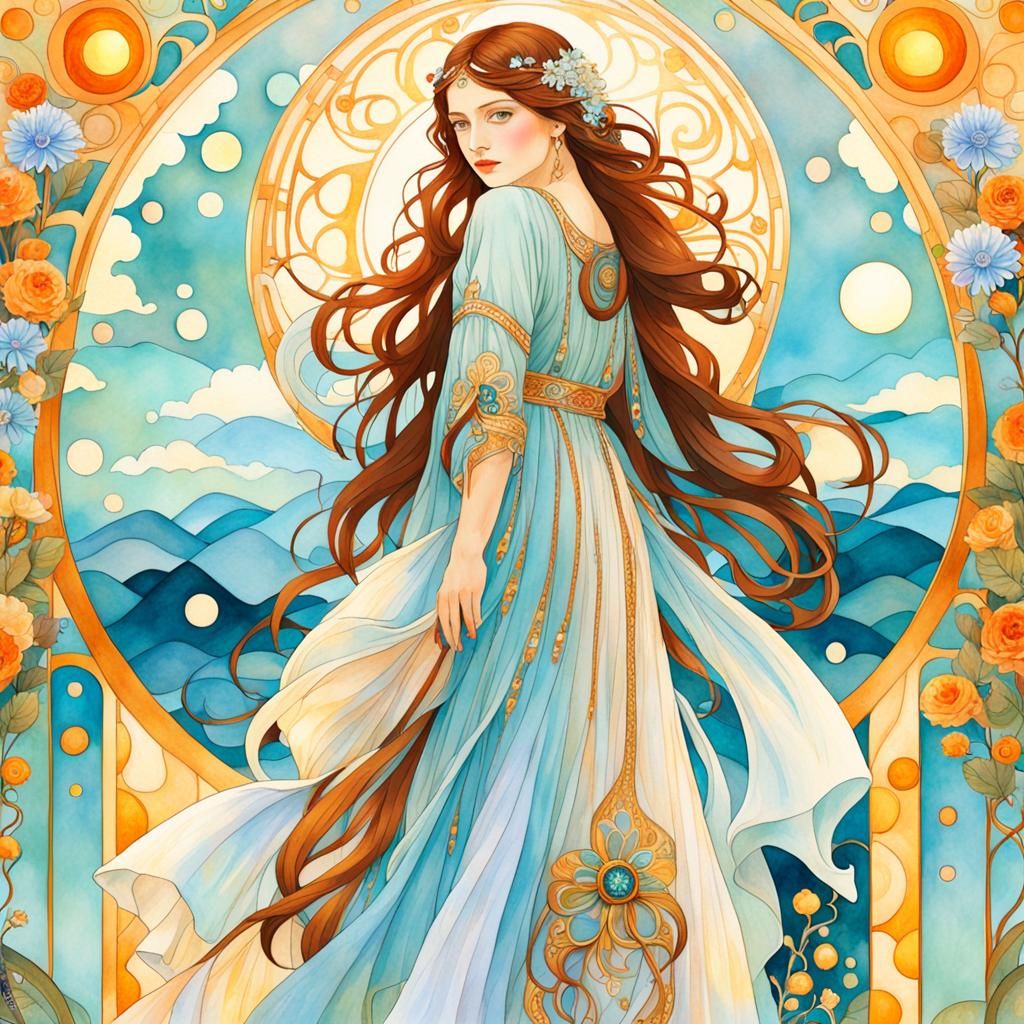 Ethereal Woman in Art Nouveau Watercolor Landscape