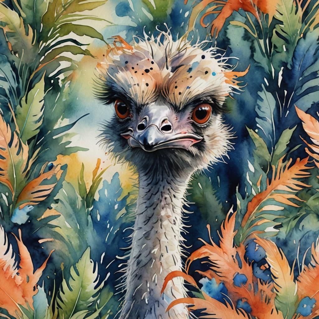 Expressive Watercolour Ostrich Portrait in Lush Greenery