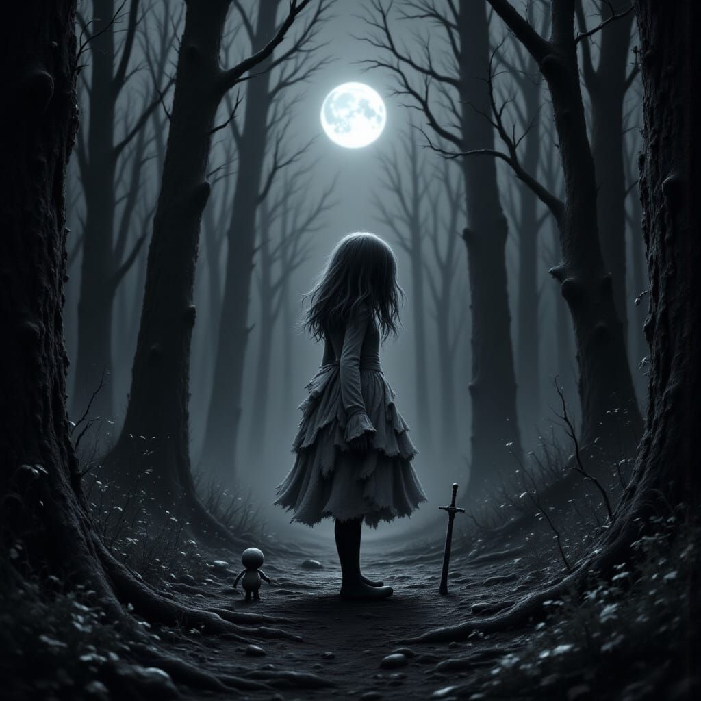 Girl with Doll in Moonlit Forest, 3D Render