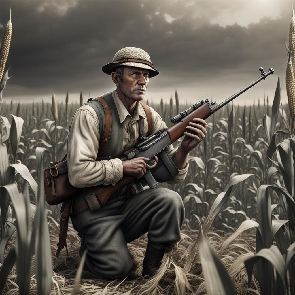 Farmer Hiding from Soldiers in Cornfield, Matte Painting