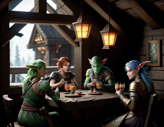 Female Goblins Enjoying Cocktails in Rustic Tavern