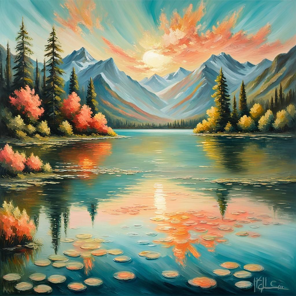 Mountain Lake Sunset: An Impressionistic Oil Painting