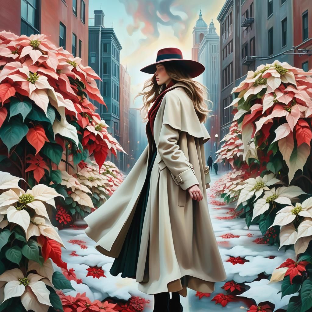 Surreal Cityscape with Melting Poinsettias and Dali-esque Ar...
