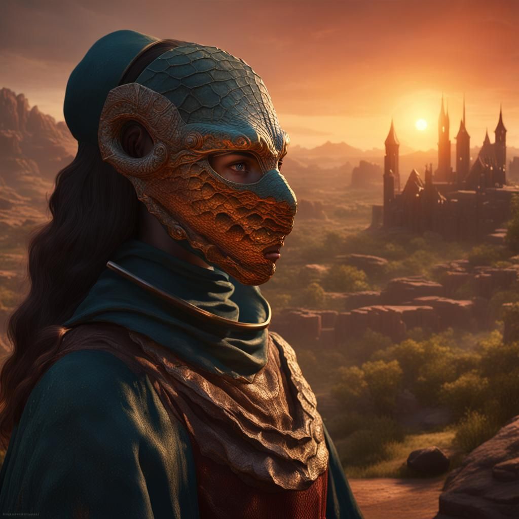 Girl in Reptile Mask Observes Martian Sunset