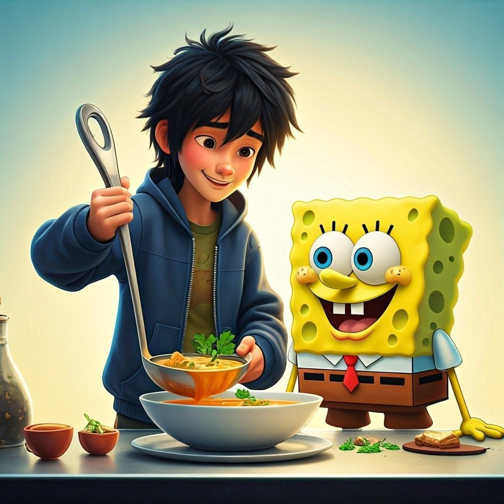 Hiro Hamada Serves SpongeBob Soup: Pixar-Style 3D Render