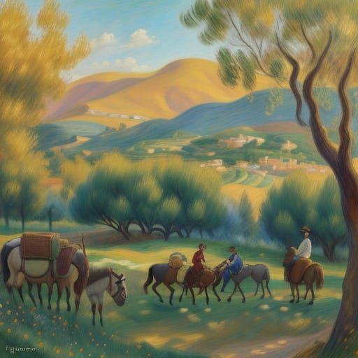 Moroccan Village Olive Groves in Impressionist Style