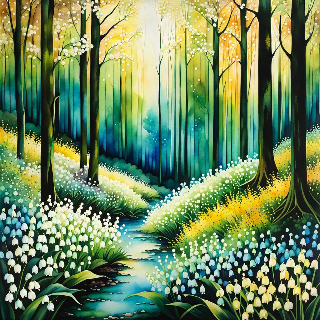 Panoramic Forest Valley in Watercolour with Lilies