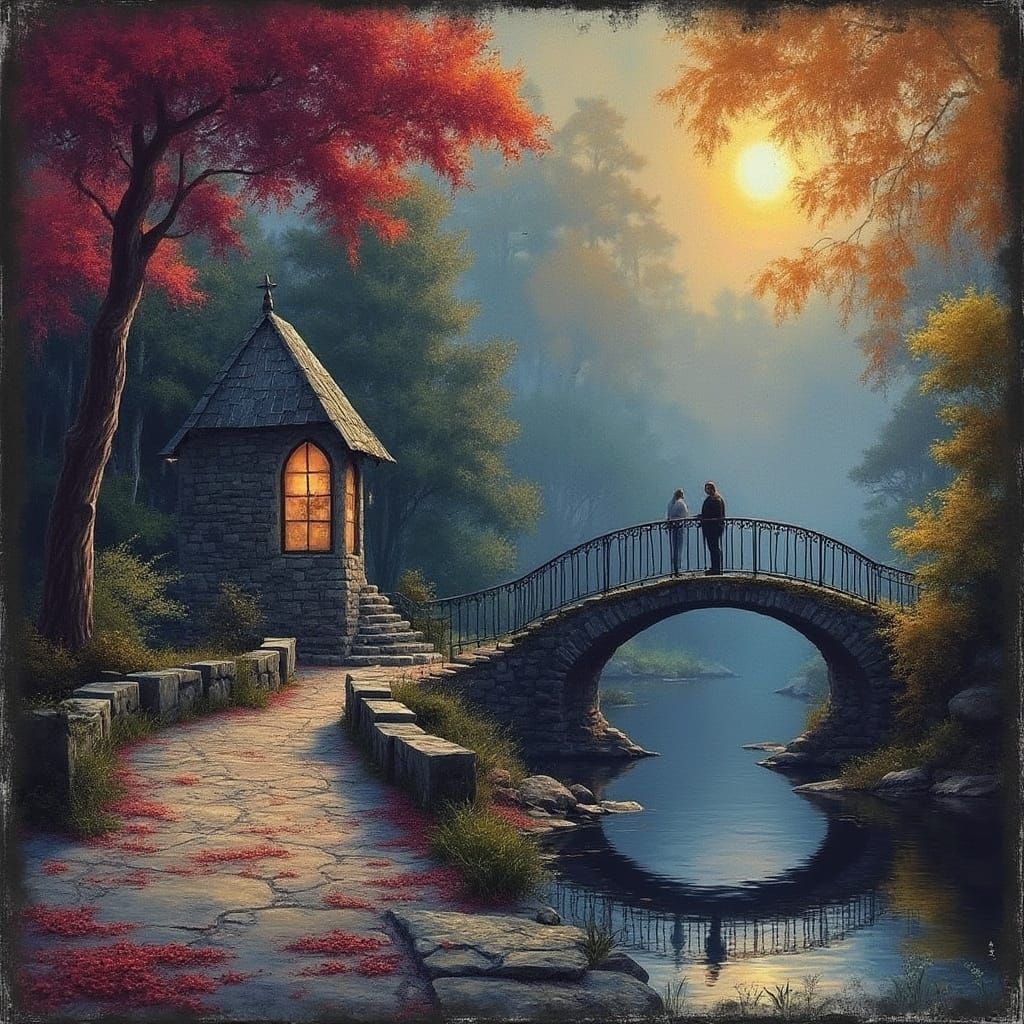 Ethereal Forest Bridge in Burgundy and Blue