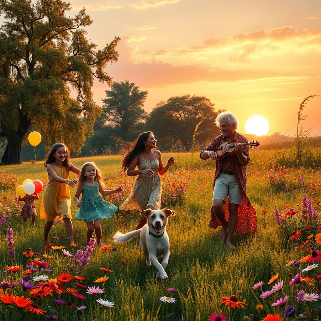 Joyful Gathering in Vibrant Sunlit Meadow