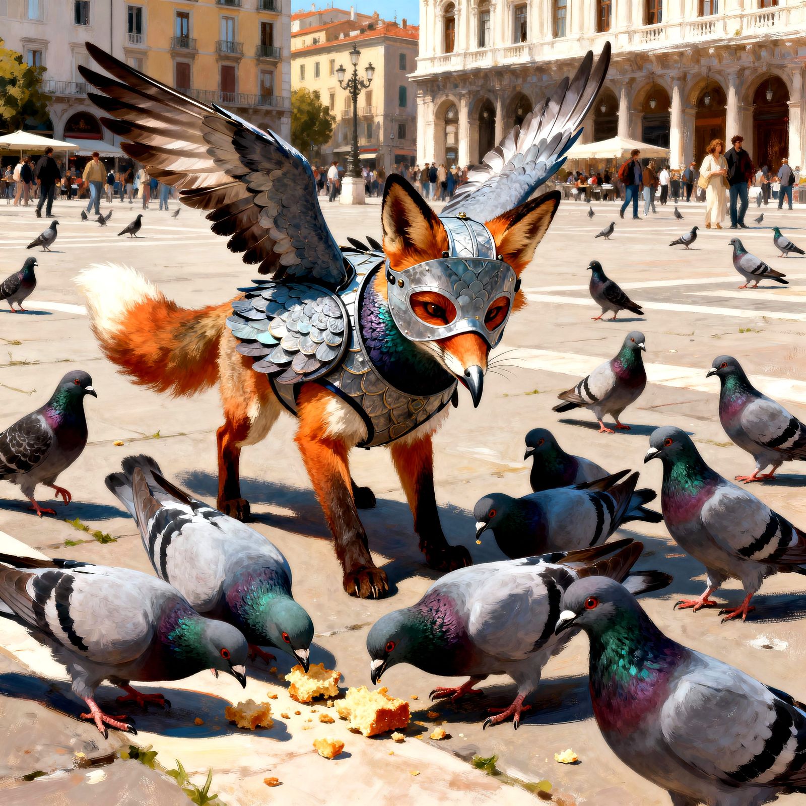 Fox in Pigeon Costume in City Square Digital Painting