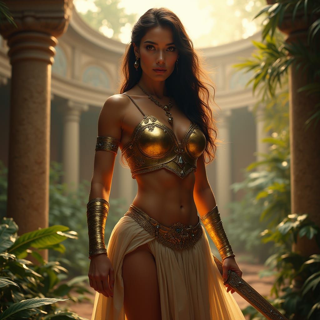 Confident Amazon Warrior in Ancient Arena