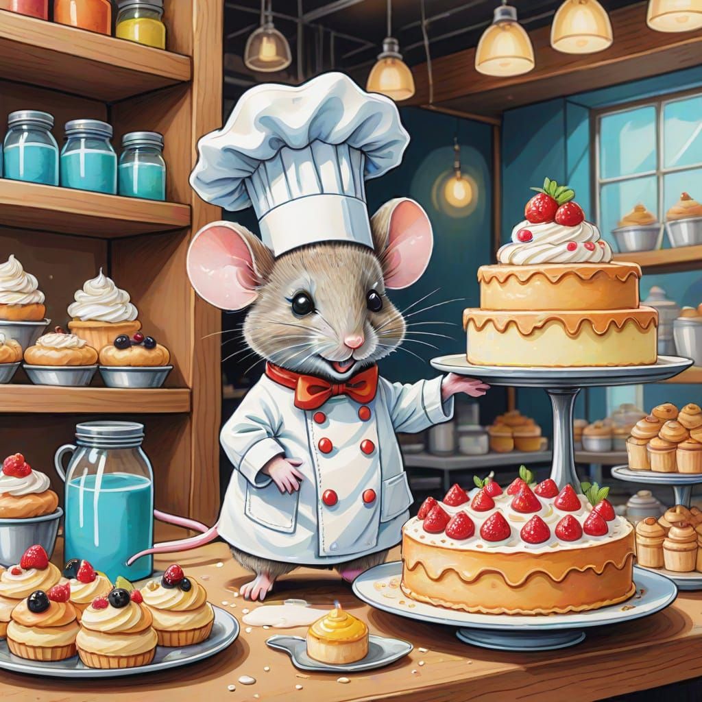 Mouse Pastry Chef in Bakery: Whimsical Ink Illustration