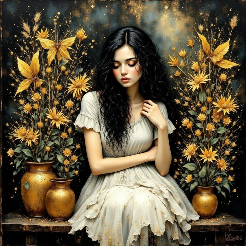 Sad Woman in White Dress on Bench, Ethereal Style