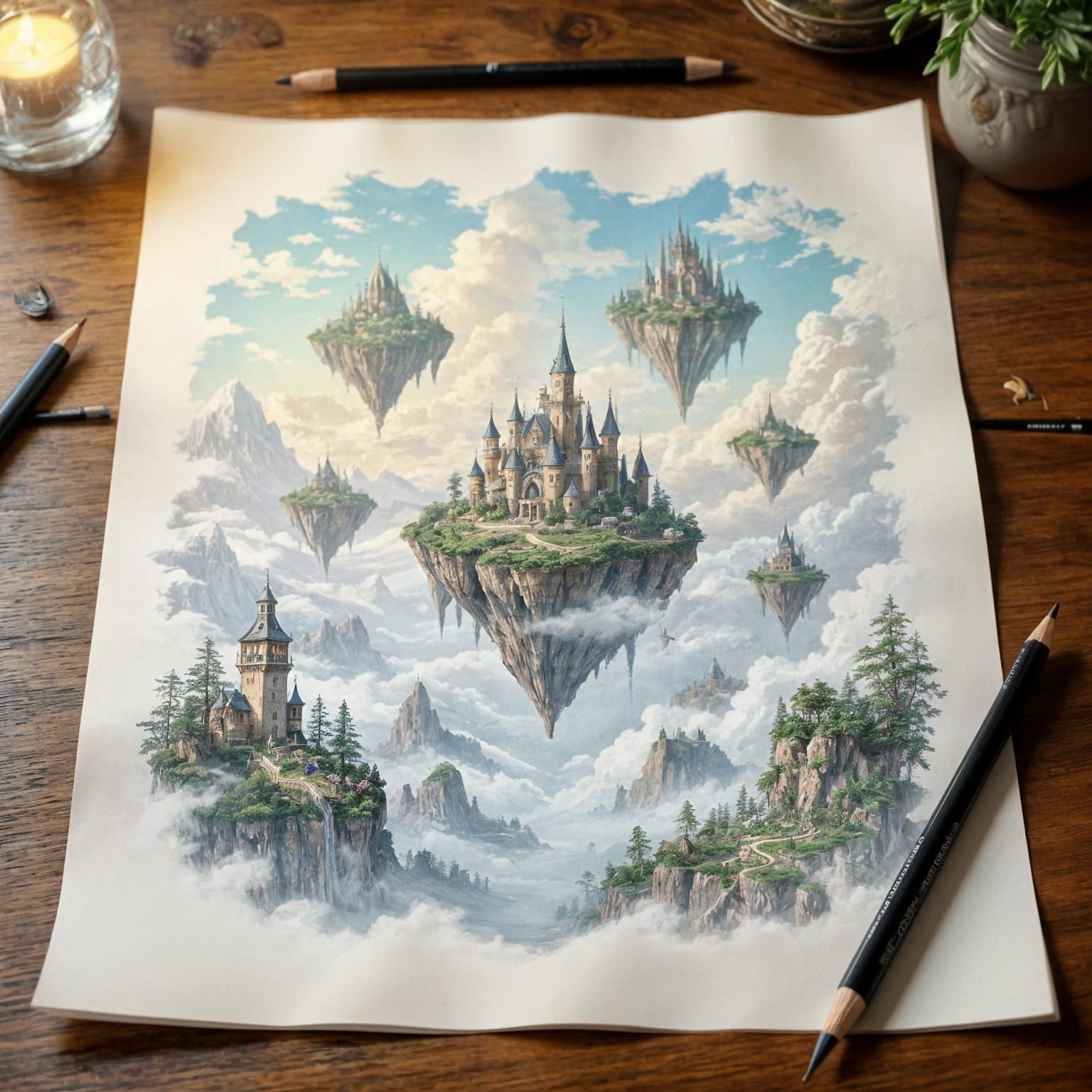 Pencil Sketch of Floating Islands Landscape