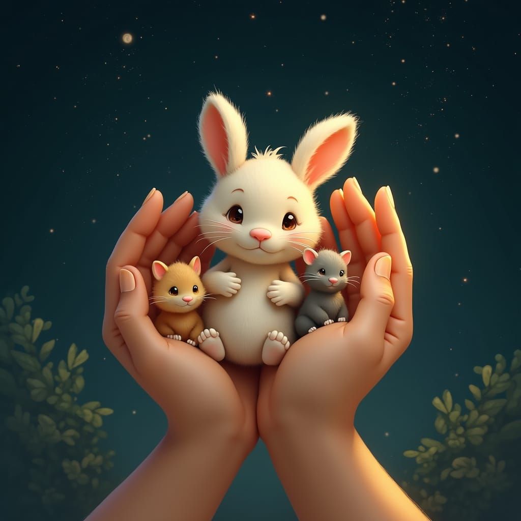 Hands Cradling Bunny-Cat-Mouse Creature in Night Sky