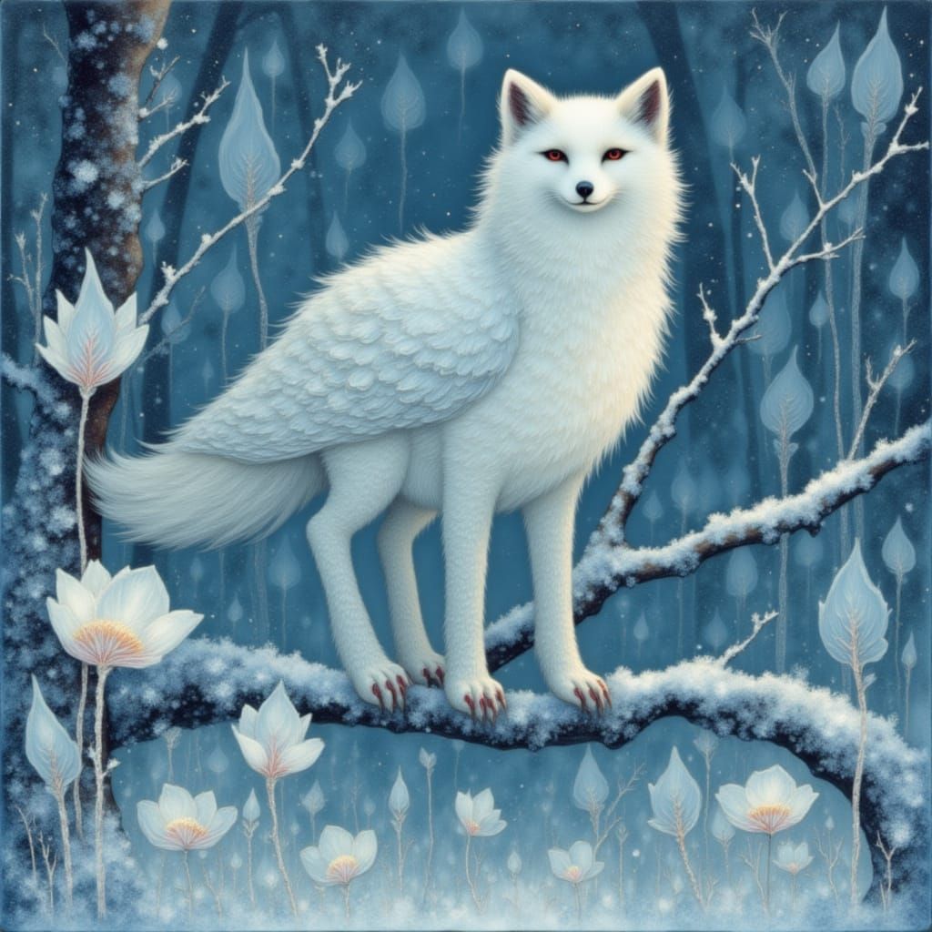 Fantastical Fox-Owl Creature with Crystalline Feathers