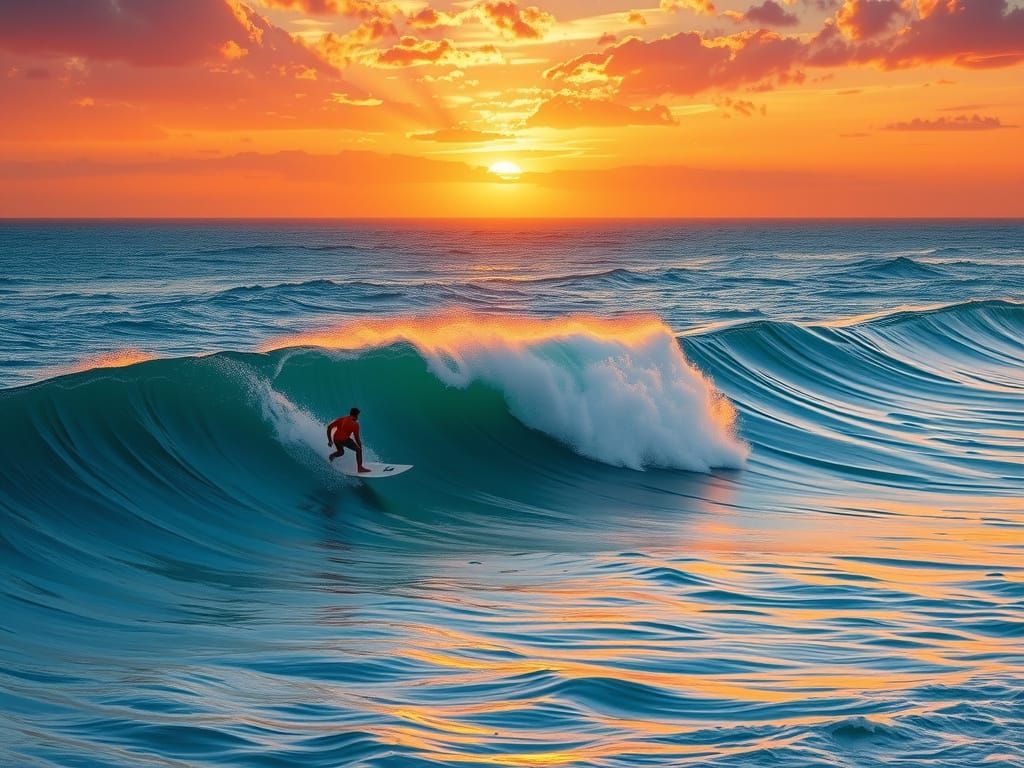 A beautiful sunset over the sea, with a surfer surfing a per...